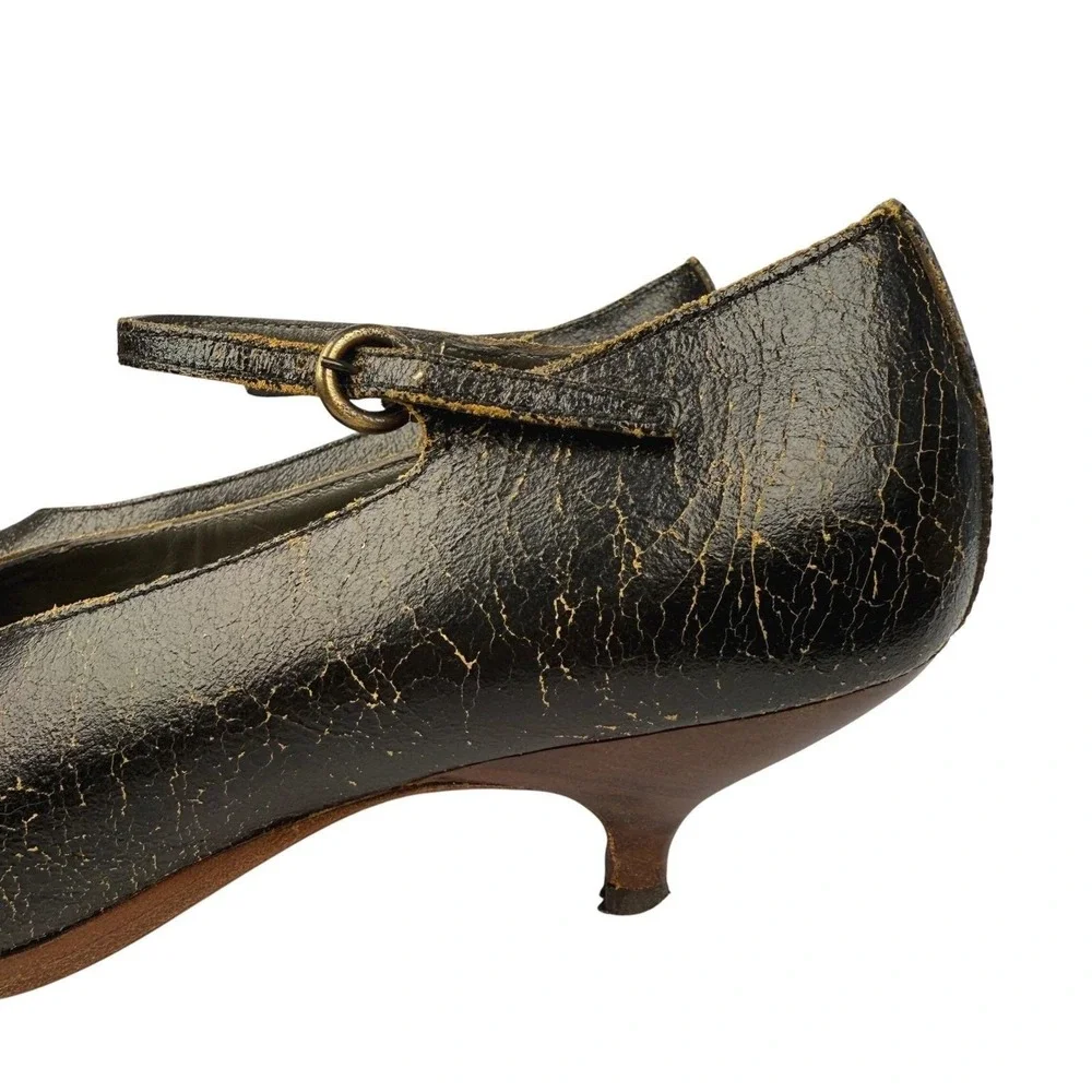 Vintage 2001 MIU MIU‎ Size 37 Black Crackle Leather Mary Janes Kitten Heels Y2K